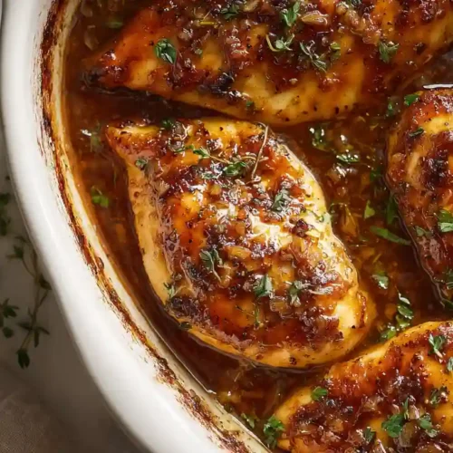 Brown Sugar Garlic Chicken Recipe Easy Baked Chicken Breast 5 Top-down view of brown sugar garlic chicken breasts in sauce on marble surface