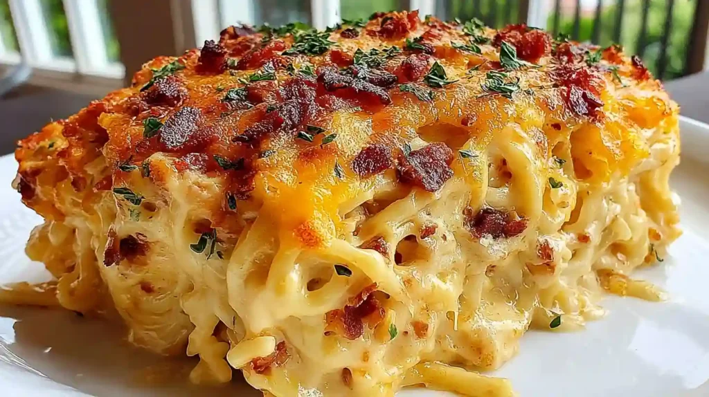 Easy Chicken Spaghetti Casserole Recipe 1 Close-up of creamy chicken spaghetti casserole topped with melted cheese and herbs