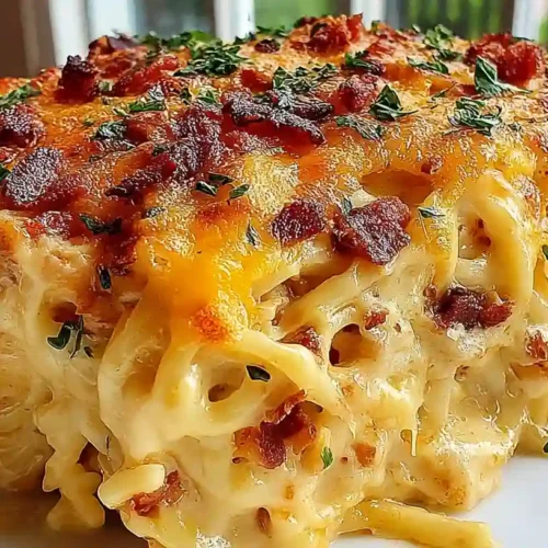 Easy Chicken Spaghetti Casserole Recipe 4 Close-up of creamy chicken spaghetti casserole topped with melted cheese and herbs