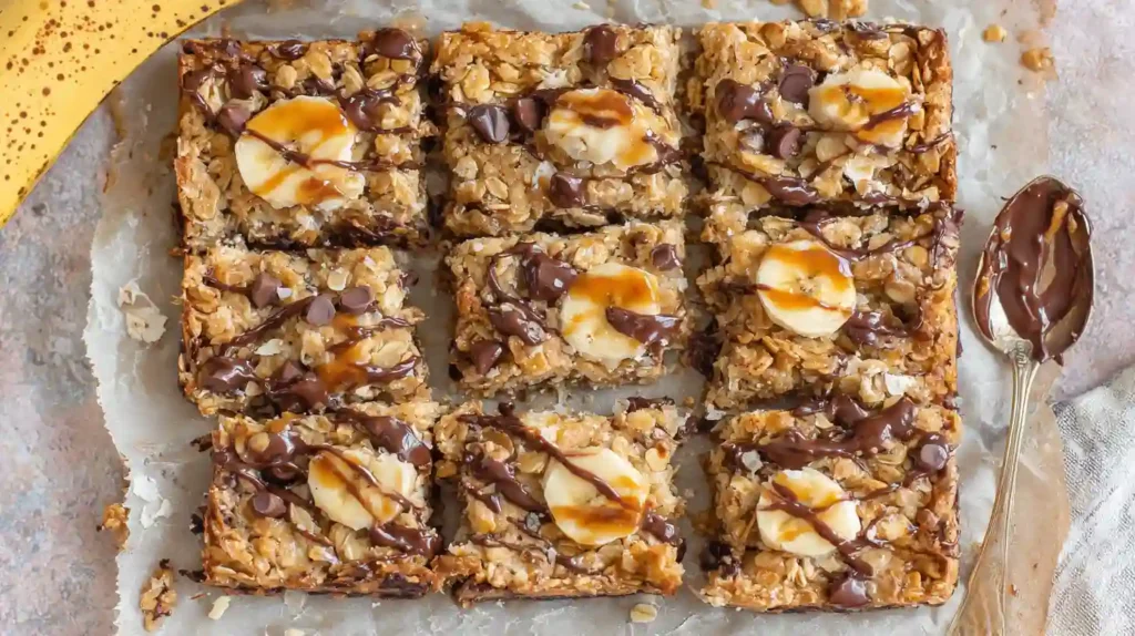 Banana Oatmeal Bars Recipe | Healthy Breakfast Snack 1 Top view of banana oatmeal bars with chocolate drizzle and banana slices on parchment