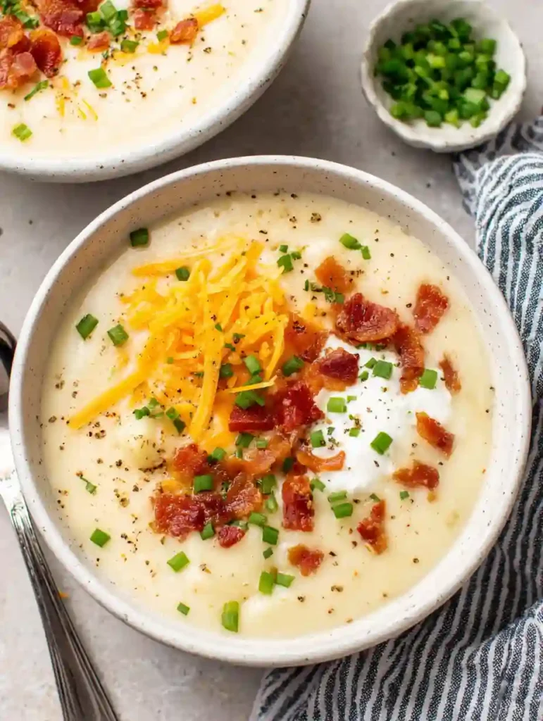 Easy Baked Potato Soup Recipe 4 Two bowls of creamy baked potato soup topped with bacon, cheese, sour cream, and scallions