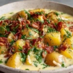 Bowl of creamy cajun potato soup topped with crispy bacon and fresh parsley