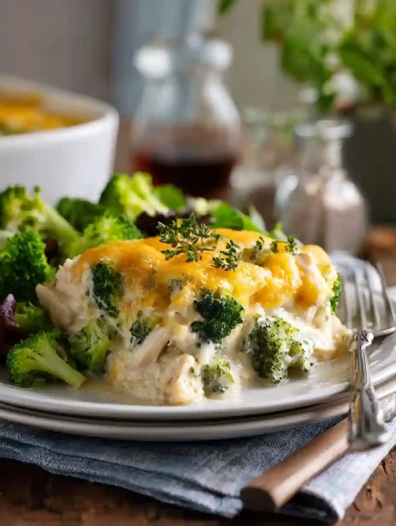 Easy Low Carb Chicken Casserole Recipe 4 Low carb chicken casserole with broccoli and melted cheese served on a plate