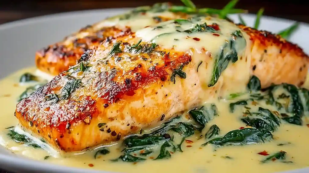 Creamy Salmon Florentine Recipe 1 Pan-seared Salmon Florentine topped with creamy garlic spinach sauce