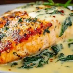 Pan-seared Salmon Florentine topped with creamy garlic spinach sauce