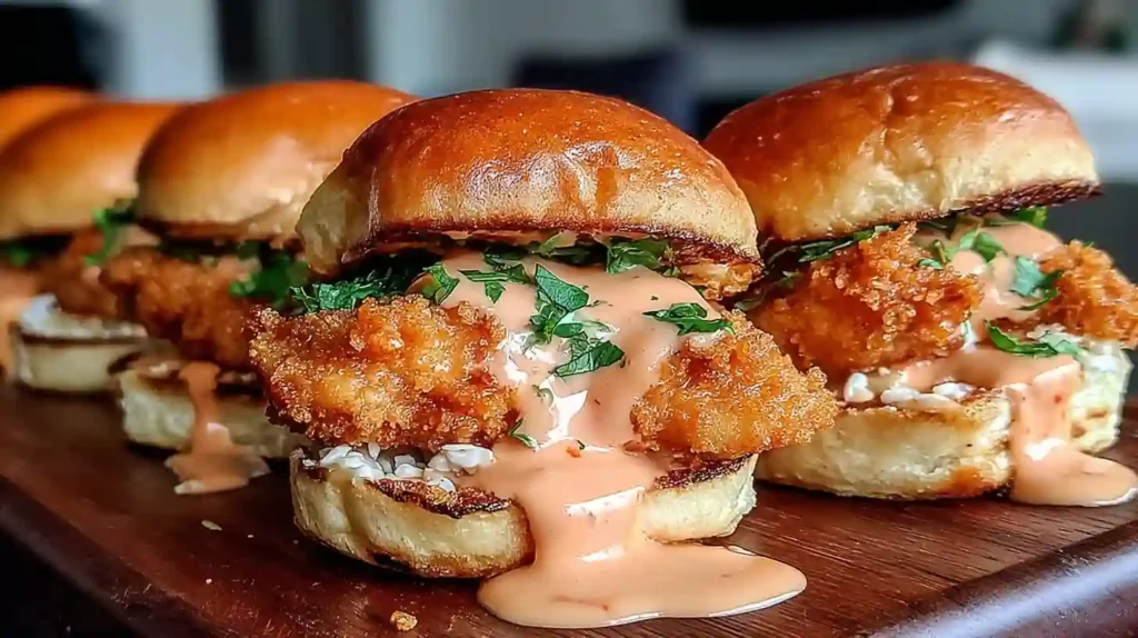 Bang Bang Chicken Sliders Recipe 1 Bang Bang Chicken Sliders with crispy chicken, creamy sauce, and fresh herbs on toasted buns