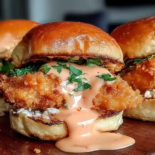 Bang Bang Chicken Sliders Recipe 4 Bang Bang Chicken Sliders with crispy chicken, creamy sauce, and fresh herbs on toasted buns