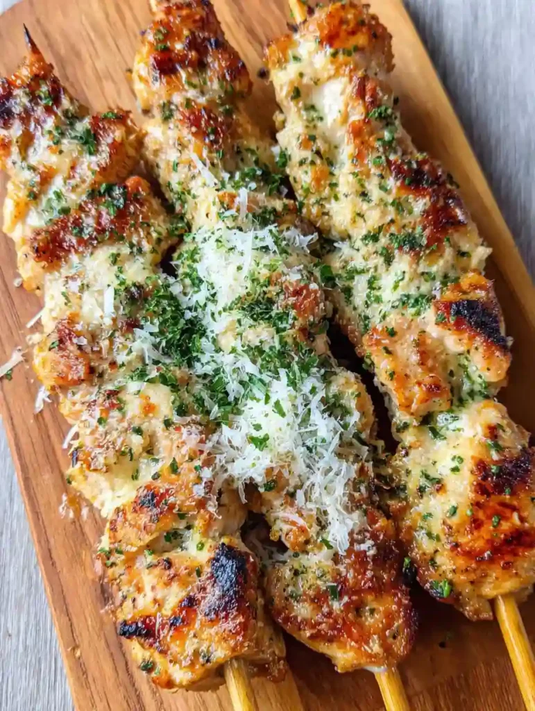 Garlic Parmesan Chicken Skewers Recipe 3 Garlic Parmesan Chicken Skewers with melted cheese and herbs served on a wooden board