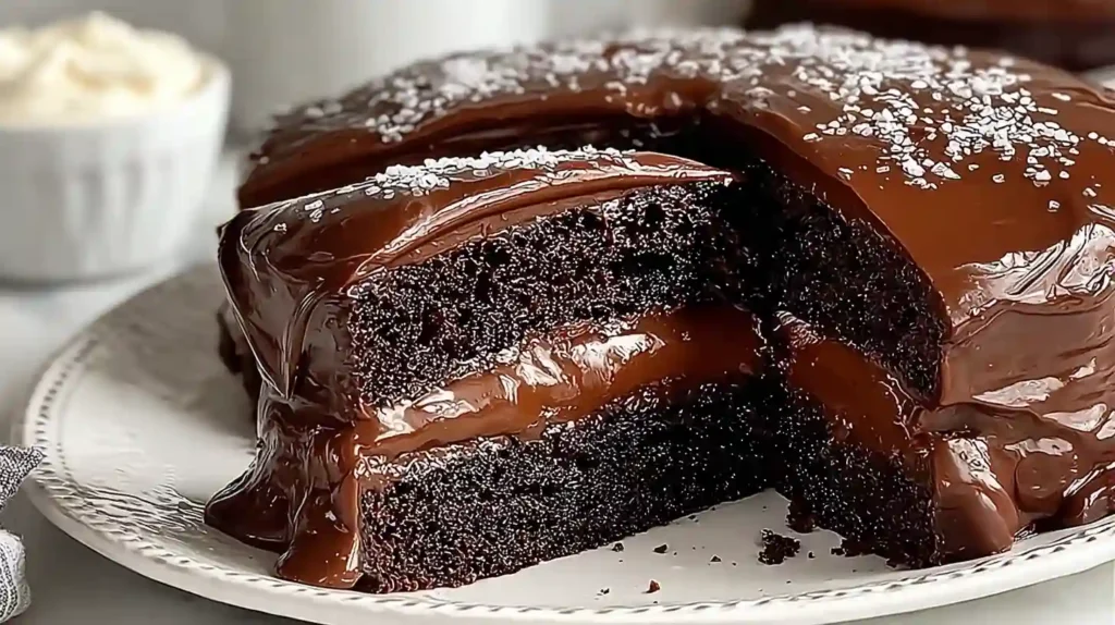 Decadent Chocolate Cake Recipe for True Chocolate Lovers 1 Close-up of a moist Chocolate Cake with glossy frosting and a sliced piece on a white plate