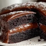 Close-up of a moist Chocolate Cake with glossy frosting and a sliced piece on a white plate