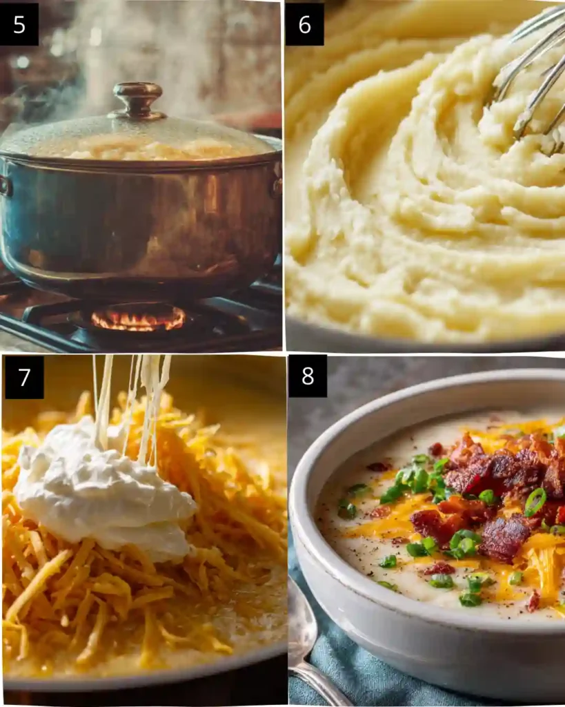 Easy Baked Potato Soup Recipe 3 Steps showing simmering, mashing, adding cheese and sour cream, and serving baked potato soup