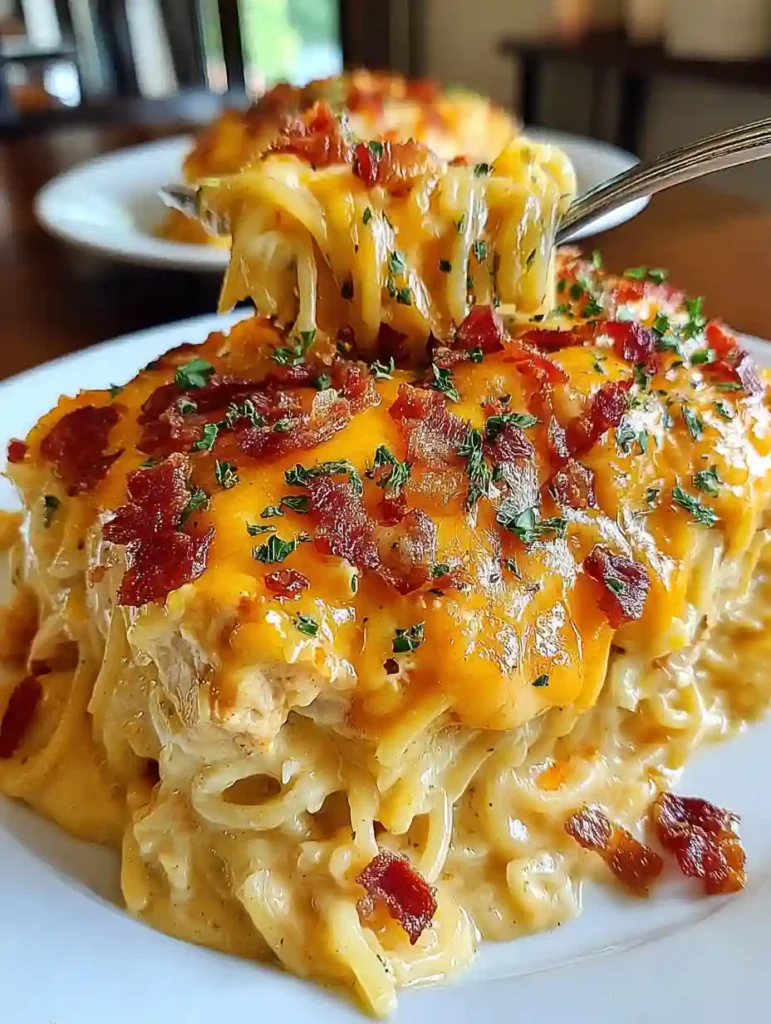 Easy Chicken Spaghetti Casserole Recipe 3 Chicken spaghetti casserole with melted cheese and bacon being lifted by a fork