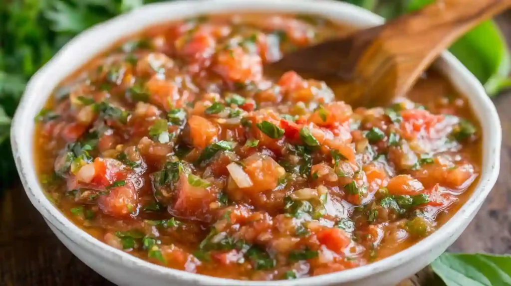 Close-up of chunky Margherita sauce made with tomatoes, basil, and garlic in a white bowl