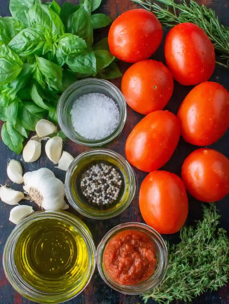Flat lay of Margherita sauce ingredients including tomatoes, basil, garlic, olive oil, salt, and pepper