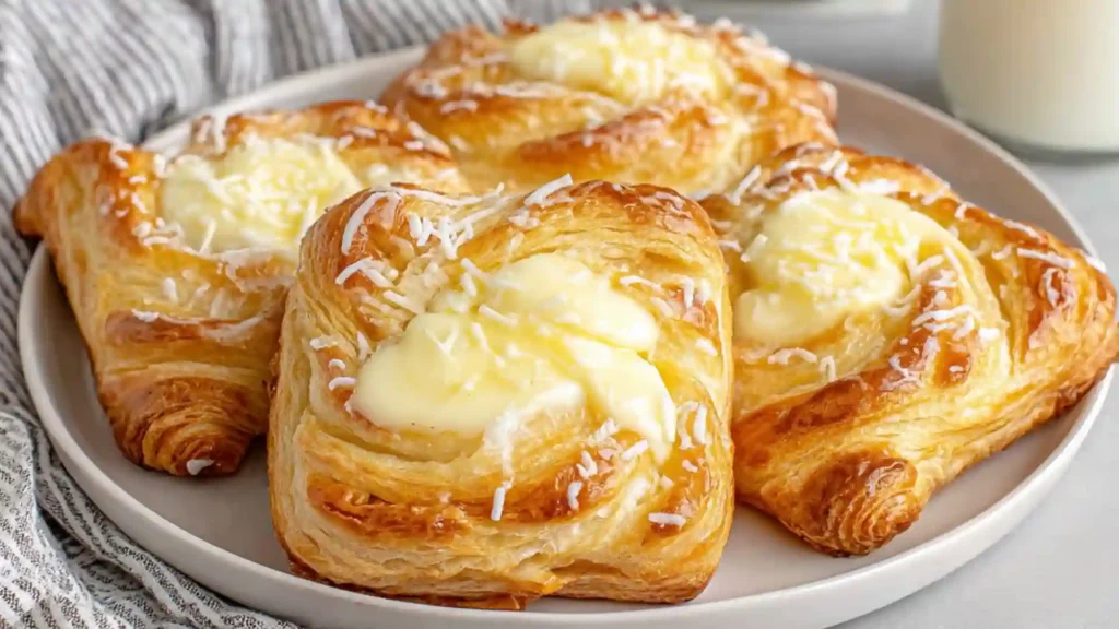 Ultimate Cheese Danish Recipe 1 Flaky Cheese Danish pastries with cream filling on a white plate