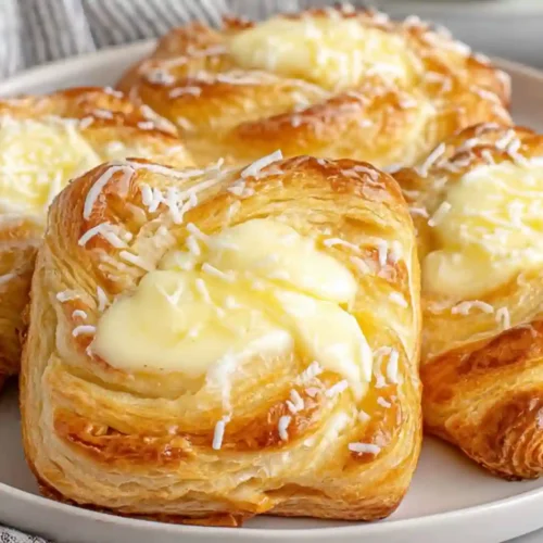 Ultimate Cheese Danish Recipe 5 Flaky Cheese Danish pastries with cream filling on a white plate