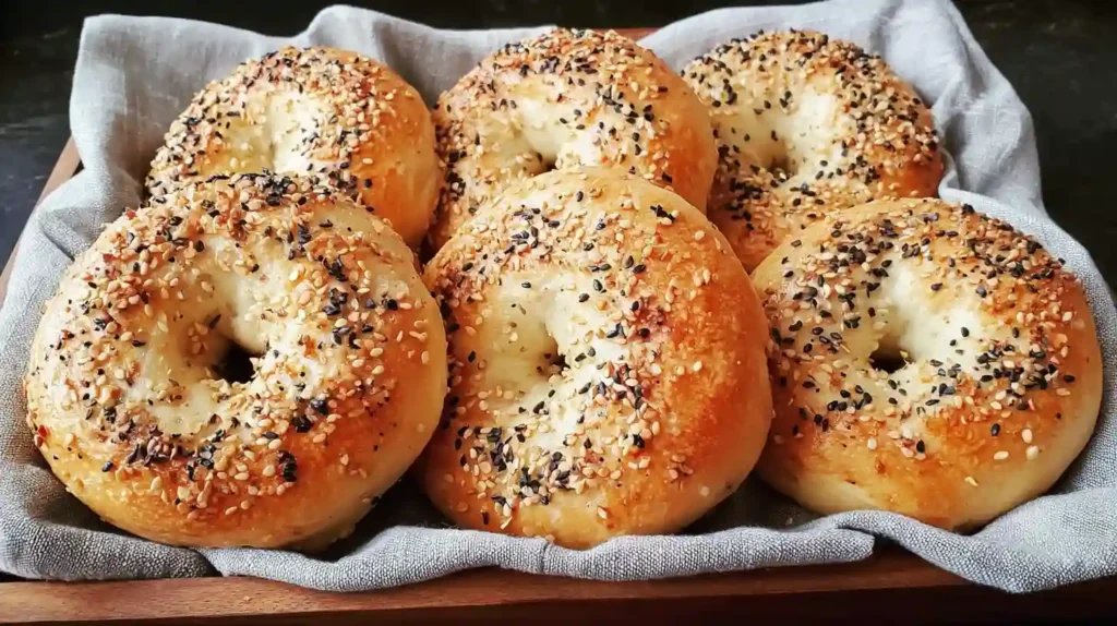 Greek Yogurt Bagels Recipe 1 Golden brown Greek yogurt bagels topped with everything seasoning in a wooden tray