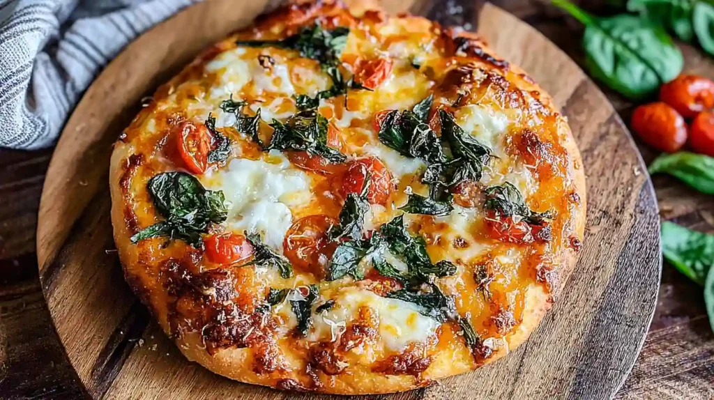 Margherita Pizza Recipe 1 Margherita Pizza topped with melted mozzarella, fresh basil, and cherry tomatoes on a wooden board