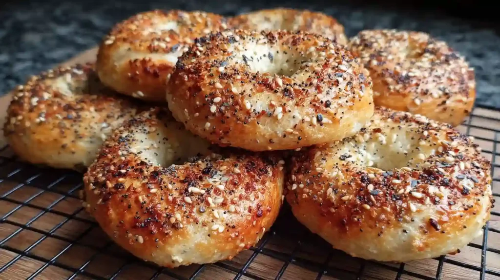 Sourdough Discard Bagels Recipe 1 Close-up of golden sourdough discard bagels topped with everything seasoning on a cooling rack