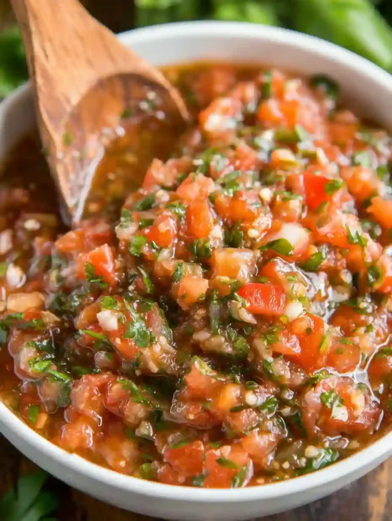 Close-up of fresh Margherita sauce with diced tomatoes, basil, and garlic in a white bowl