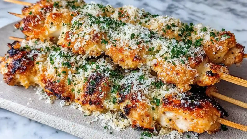 Garlic Parmesan Chicken Skewers Recipe 1 Juicy Garlic Parmesan Chicken Skewers topped with parmesan and herbs on a wooden board