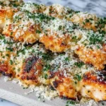 Juicy Garlic Parmesan Chicken Skewers topped with parmesan and herbs on a wooden board