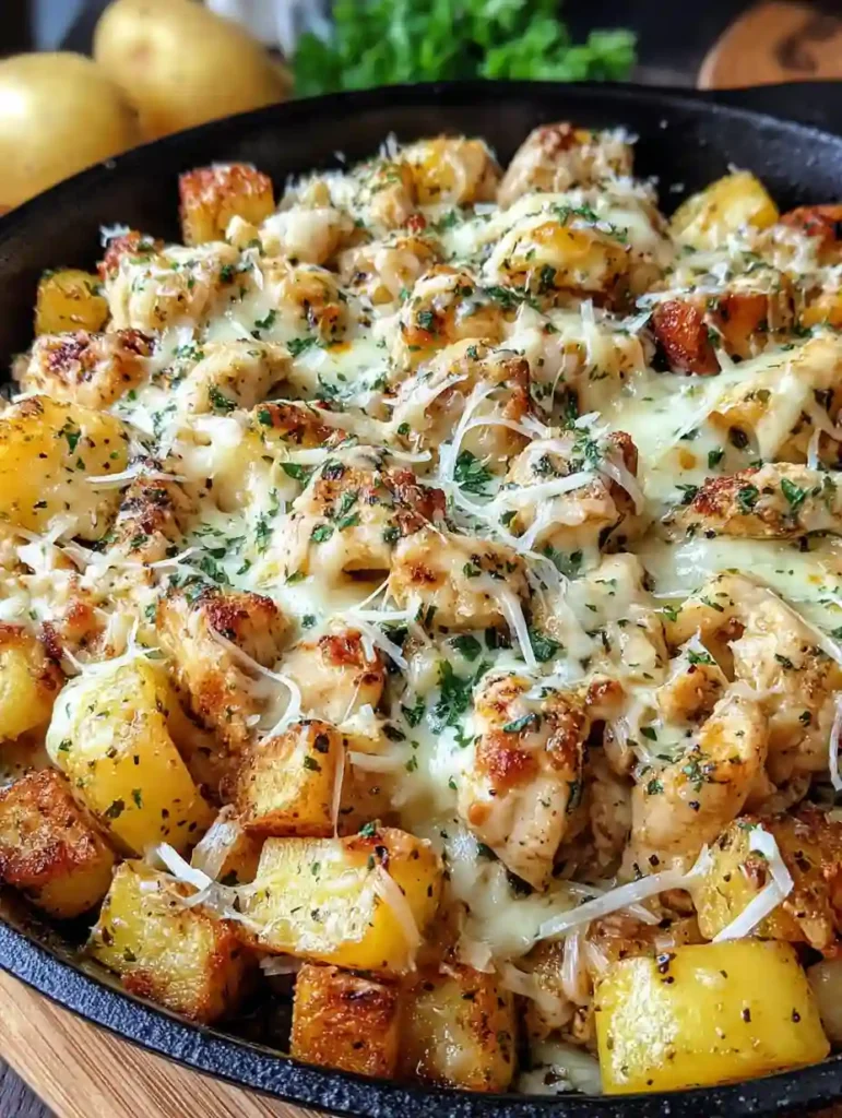 Garlic Parmesan Chicken and Potatoes Recipe 3 Garlic Parmesan Chicken and Potatoes skillet topped with melted cheese and fresh herbs