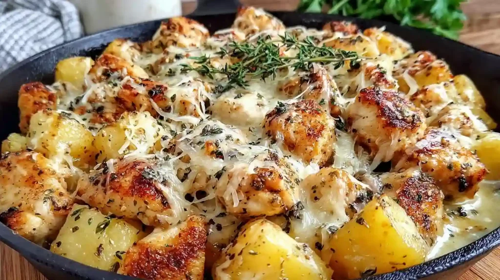 Garlic Parmesan Chicken and Potatoes Recipe 1 Garlic Parmesan Chicken and Potatoes topped with melted cheese and herbs in a cast iron skillet
