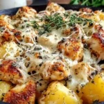 Garlic Parmesan Chicken and Potatoes topped with melted cheese and herbs in a cast iron skillet