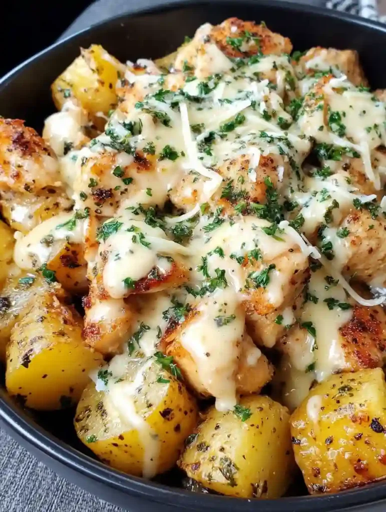 Garlic Parmesan Chicken and Potatoes Recipe 2 Close-up of Garlic Parmesan Chicken and Potatoes with creamy sauce and herbs in a black bowl