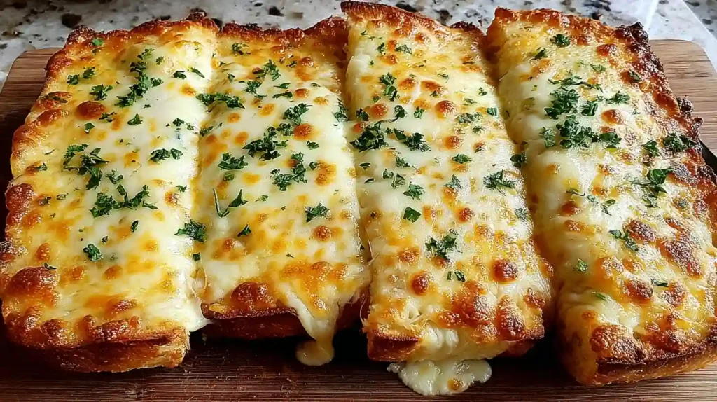 Cheesy Garlic Bread Recipe 1 Close-up of golden cheesy garlic bread with melted cheese and fresh parsley