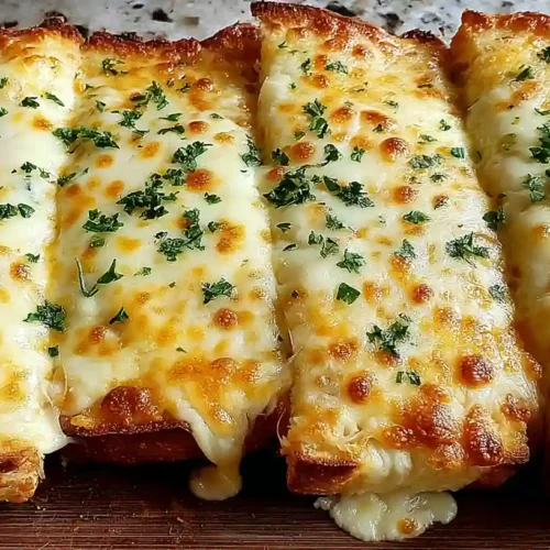 Cheesy Garlic Bread Recipe 5 Close-up of golden cheesy garlic bread with melted cheese and fresh parsley