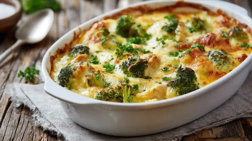 Easy Low Carb Chicken Casserole Recipe 1 Baked low carb chicken casserole in a white dish with broccoli and melted cheese