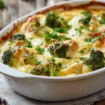 Baked low carb chicken casserole in a white dish with broccoli and melted cheese