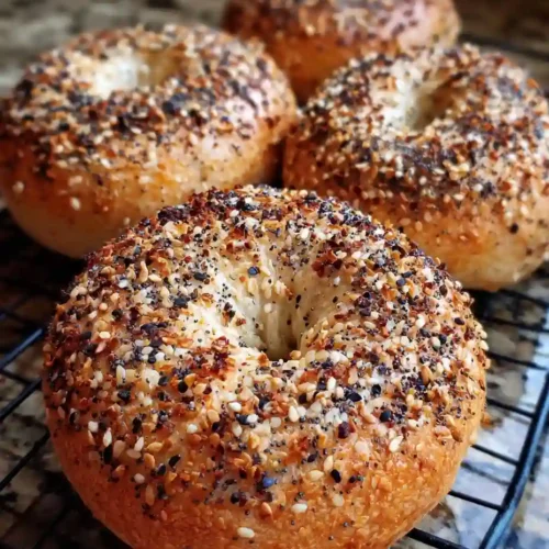 Sourdough Discard Bagels Recipe 4 Fresh sourdough discard bagels with everything topping cooling on wire rack