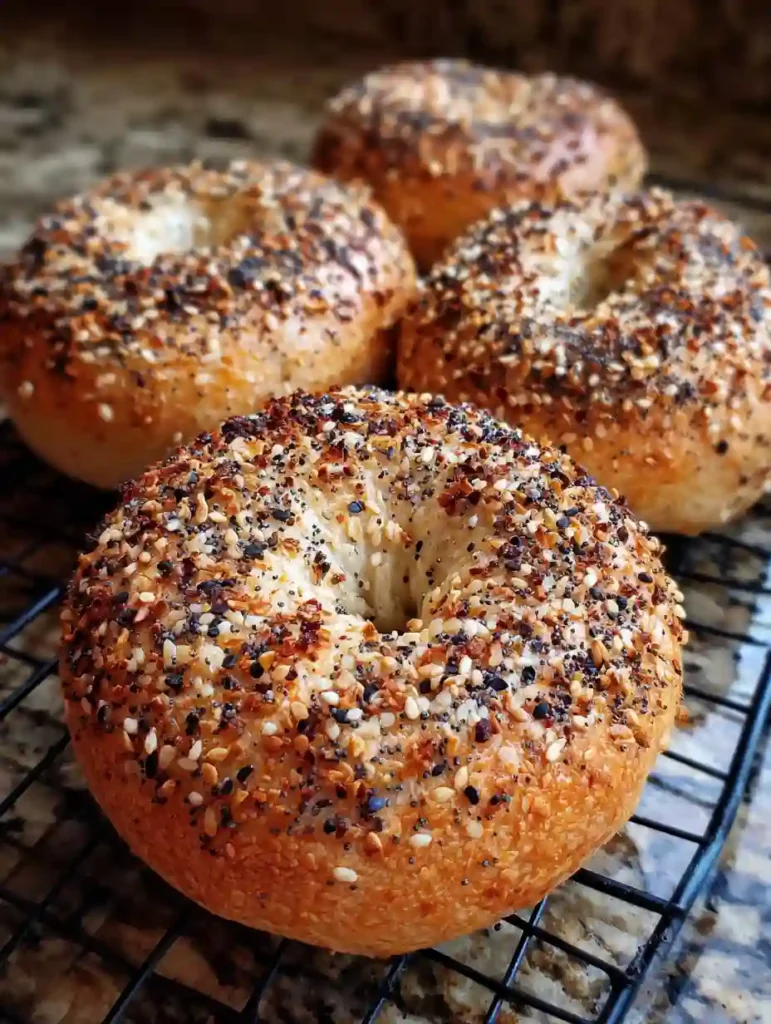 Sourdough Discard Bagels Recipe 2 Fresh sourdough discard bagels with everything topping cooling on wire rack