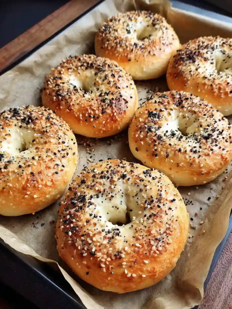 Greek Yogurt Bagels Recipe 2 Freshly baked Greek yogurt bagels on parchment-lined tray with everything seasoning