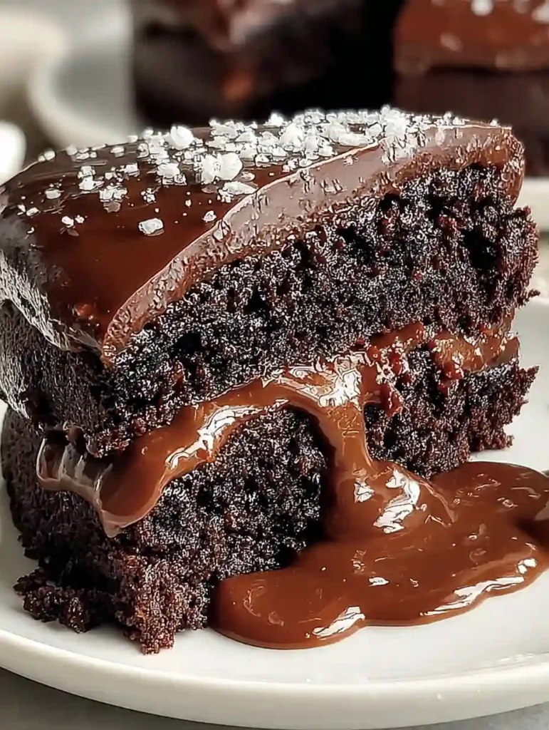 Decadent Chocolate Cake Recipe for True Chocolate Lovers 2 A rich Chocolate Cake slice oozing with ganache and topped with sea salt, served on a white plate