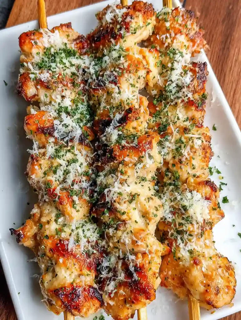 Garlic Parmesan Chicken Skewers Recipe 4 Garlic Parmesan Chicken Skewers topped with grated cheese and parsley on a white plate