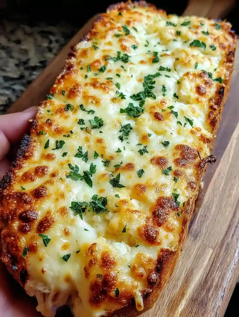 Cheesy Garlic Bread Recipe 3 Hand holding a loaf of cheesy garlic bread with melted cheese and parsley on a wooden board