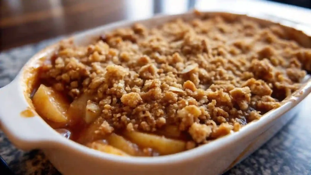 Easy Apple Crumble Recipe 1 Close-up of baked apple crumble with golden topping