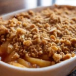 Close-up of baked apple crumble with golden topping