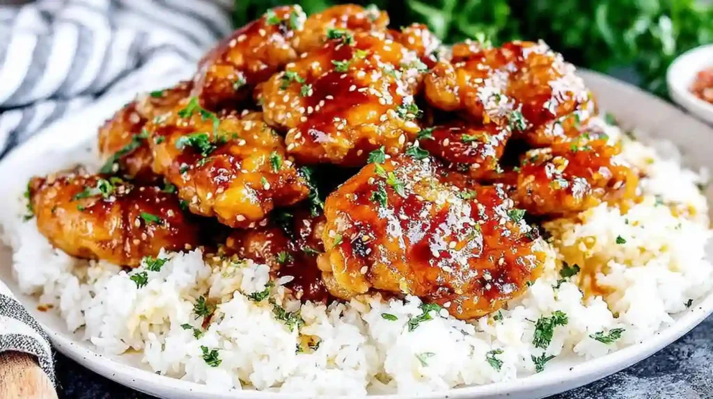 Honey Garlic Chicken Thighs Recipe 1 Honey garlic chicken thighs served over white rice with parsley and sesame seeds