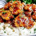 Honey garlic chicken thighs served over white rice with parsley and sesame seeds