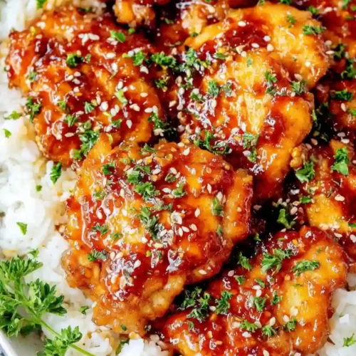 Honey Garlic Chicken Thighs Recipe 5 Close-up of honey garlic chicken thighs glazed with sauce and sesame seeds over steamed rice