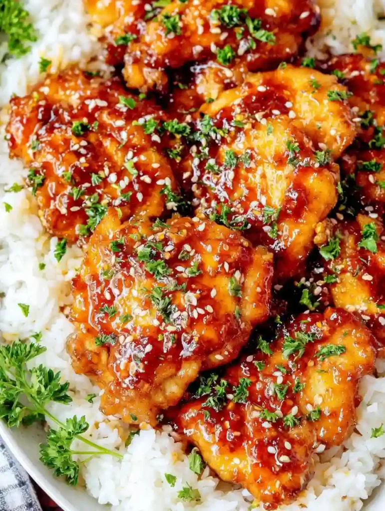 Honey Garlic Chicken Thighs Recipe 4 Close-up of honey garlic chicken thighs glazed with sauce and sesame seeds over steamed rice