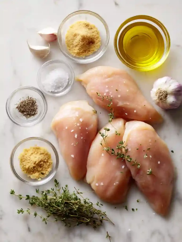 Brown Sugar Garlic Chicken Recipe Easy Baked Chicken Breast 2 Raw chicken breasts and ingredients for brown sugar garlic chicken on marble surface
