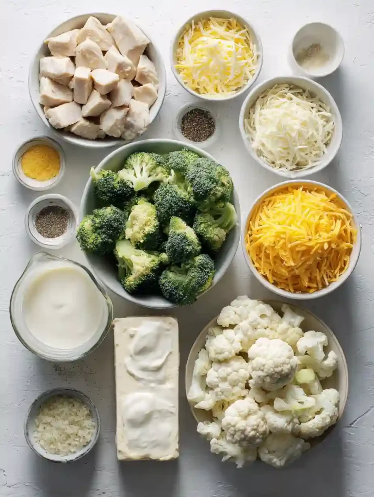 Easy Low Carb Chicken Casserole Recipe 2 Raw ingredients for low carb chicken casserole including chicken, cheese, broccoli, and cauliflower