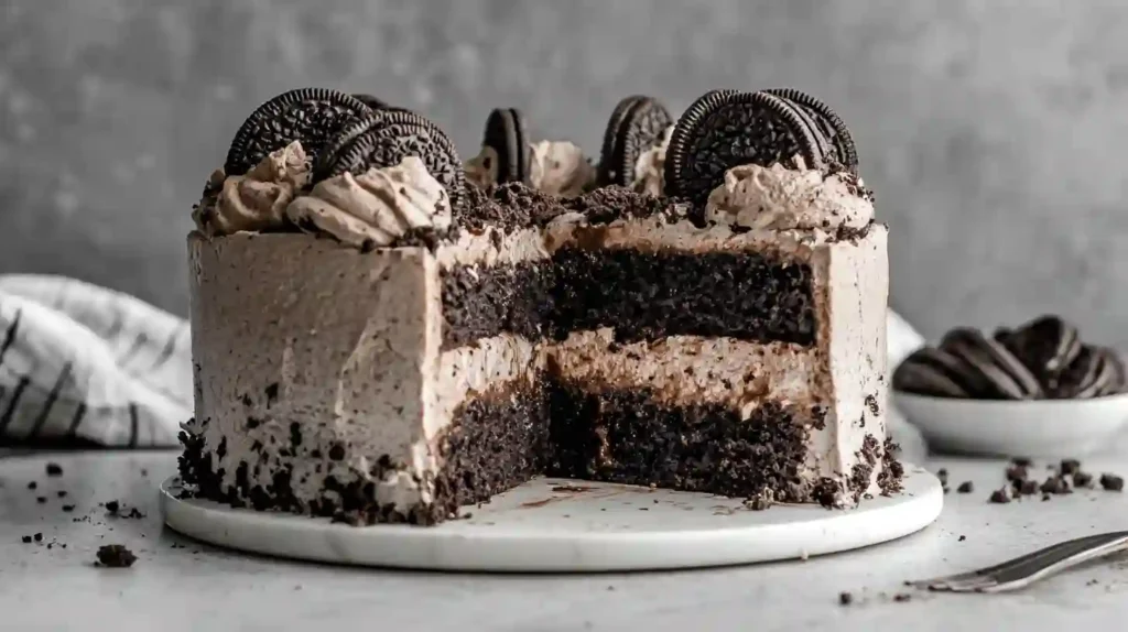 Irresistible Chocolate Oreo Cake Recipe 1 Chocolate Oreo Cake with Oreo frosting and cookies on top
