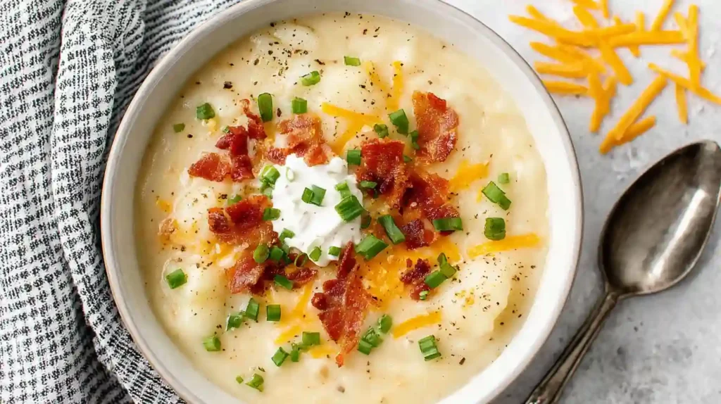 Easy Baked Potato Soup Recipe 1 Creamy Baked Potato Soup topped with bacon, cheese, sour cream, and scallions